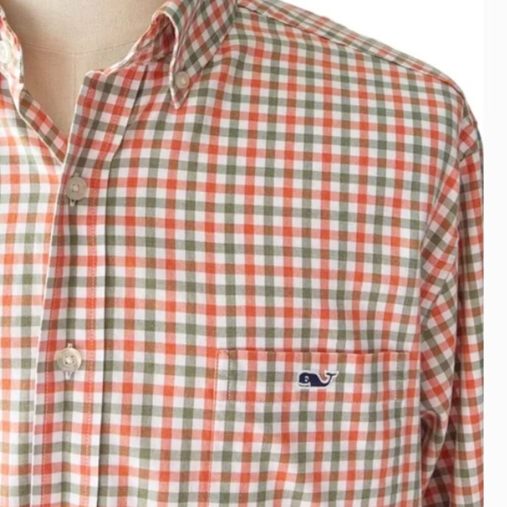 Vineyard Vines Orange Grey White Plaid Long Sleeve Collar Shirt Size M Mens Slim